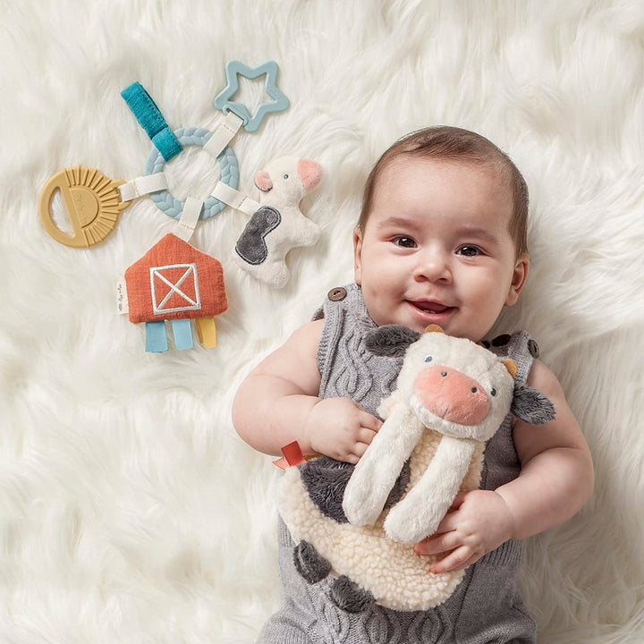 Farm Toy Gift Set - Includes Cow Lovey & Farm-Themed Busy Ring Car Seat and Stroller Toy - Features Crinkle Sounds, Engaging Textures & Silicone Teething Relief (Farm)