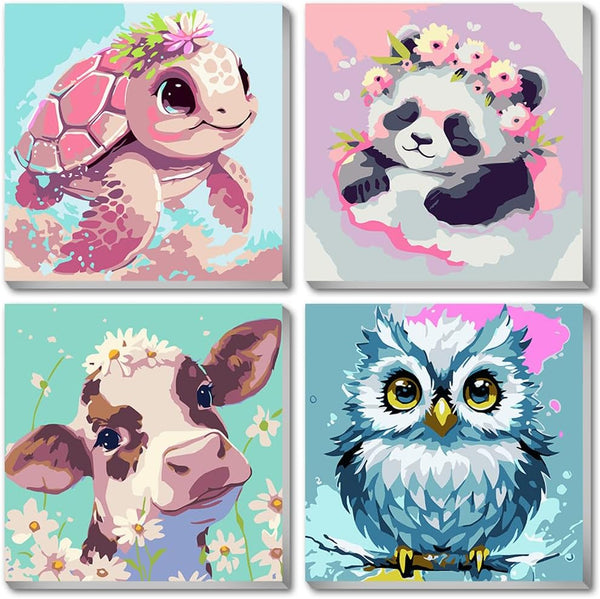 4 Pack Framed Paint by Number for Kids, Cute Animals Paint by Numbers Kit for Beginners,Easy Acrylic Watercolor Paint by Numbers Canvas Arts and Craftsfor Wall Decor Gift for Age 8-12 Kids (8X8In).
