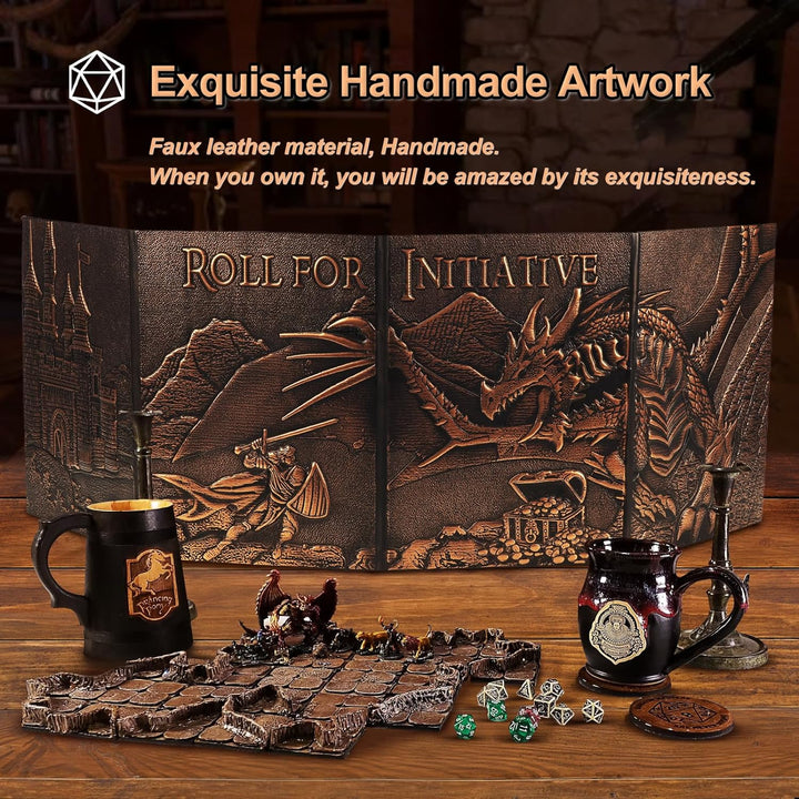 DND DM Screen 5E, D&D Dungeon Master Screen 3D Faux Leather 4 Panel Game Master Screen with Customizable Inserts - Dungeons and Dragons GM RPG Accessories Gift for Men or Women