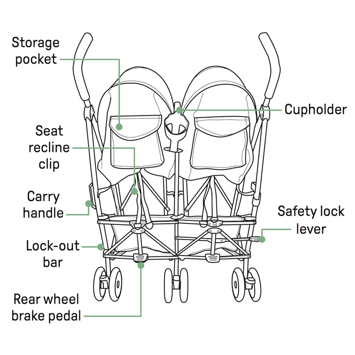 3Dlite Folding Lightweight Side by Side Double Stroller with 5-Point Safety Harness for Infants and Toddlers, Black