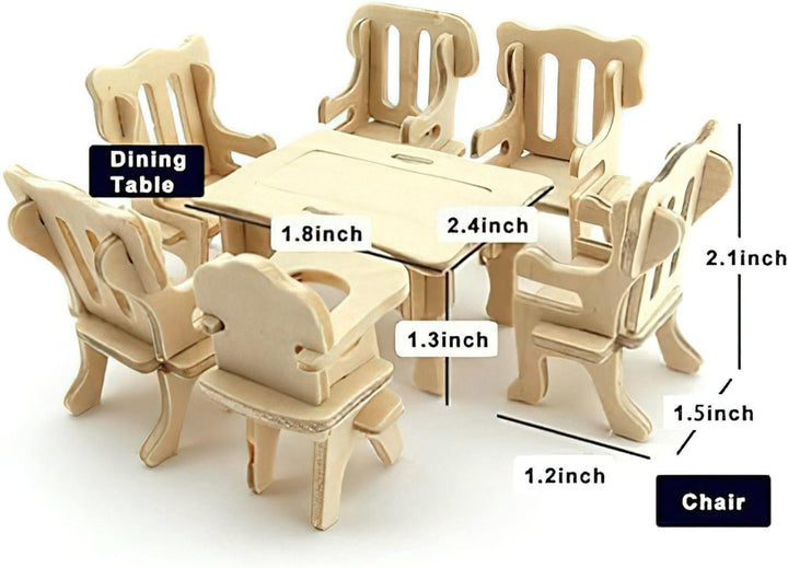 DIY Wooden Dollhouse Furniture Set, 3D Puzzle Miniature Room Accessories, Natural Wood