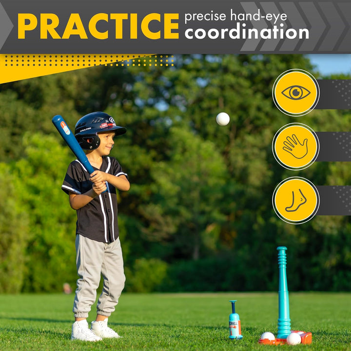T Ball Stand for Kids and Toddlers 1-3, 3-5, 5-8. Baseball Set with 6 Large Balls, Adjustable Tball Batting Tee, and Pitching Machine. T-Ball Sets with Bat and Ball