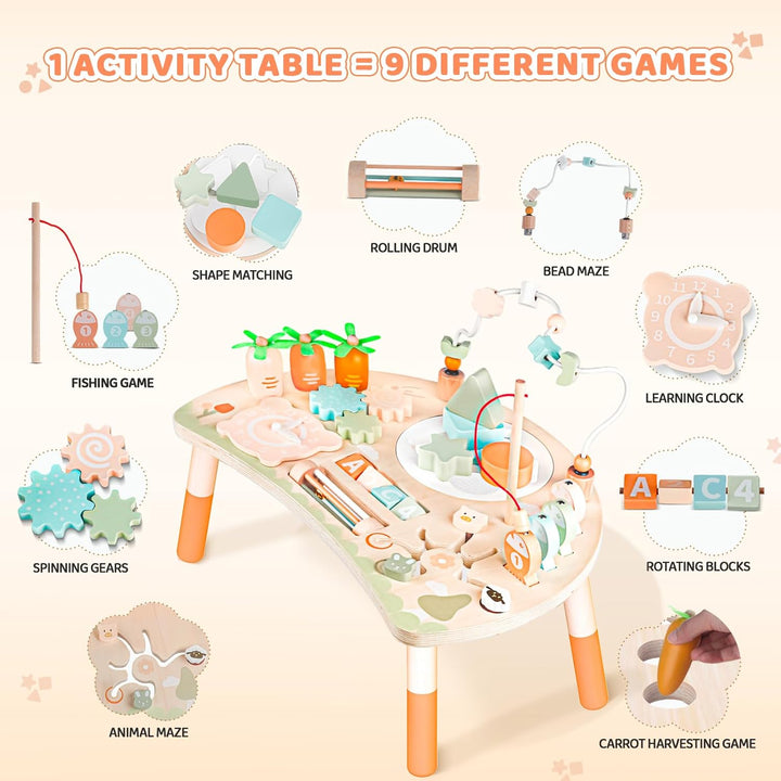 Activity Table for 1+ Year Old, 9-In-1 Montessori Wooden Sensory Play Table with Shape Sorter Fishing Game Bead Maze, Baby Activity Center Learning Toys for Toddler 12-18 Months