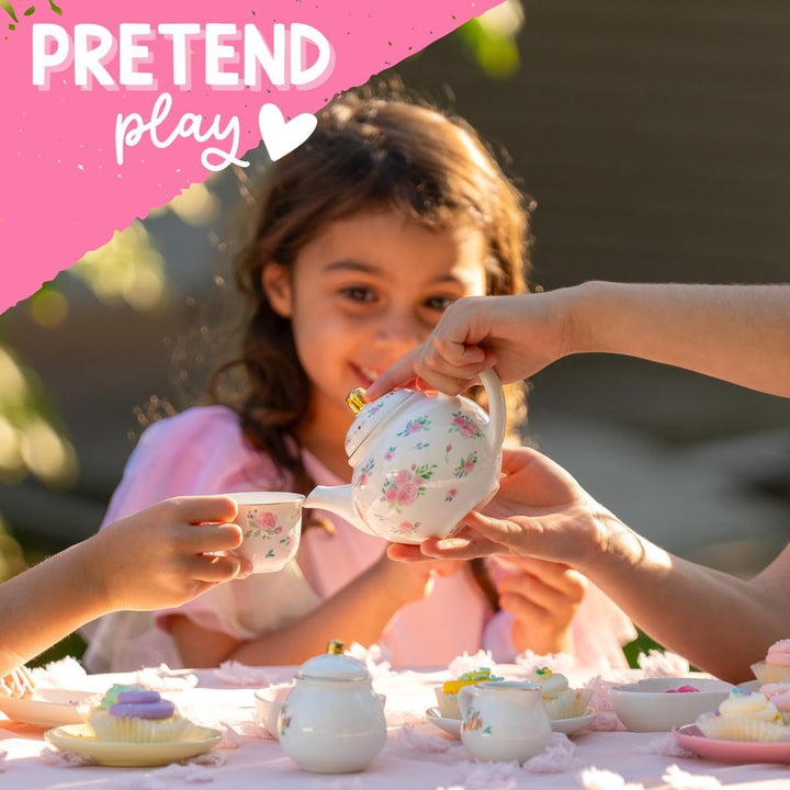 Porcelain Tea Set for Girls - White & Floral Tea Party Set for Kids I Complete Children Tea Sets with Carry Case, Teapot, Cups and More, Birthday Gift for Little Girls & Toddlers