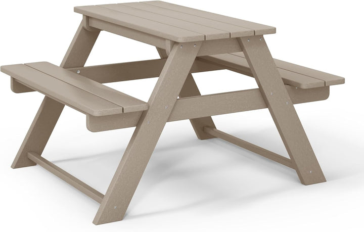 Malibu Outdoor Patio Kids HDPE Plastic Picnic Bench Table, Weathered Wood