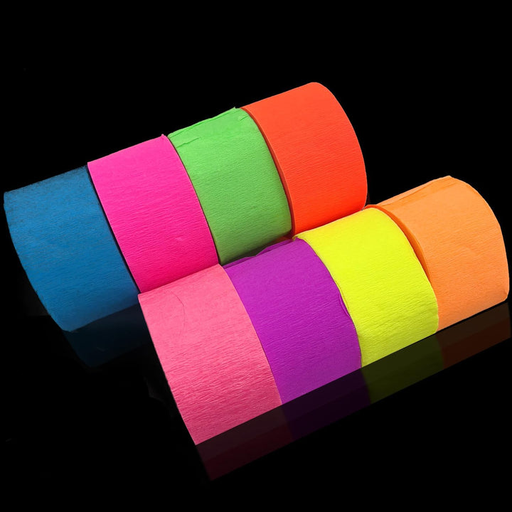 600 Feet Glow Crepe Paper Streamers UV Glow Party Neon Streamer Decorations Glow in the Dark Black Light Reactive Fluorescent Neon Paper Party Streamers Wedding Birthday Blacklight Party Supplies