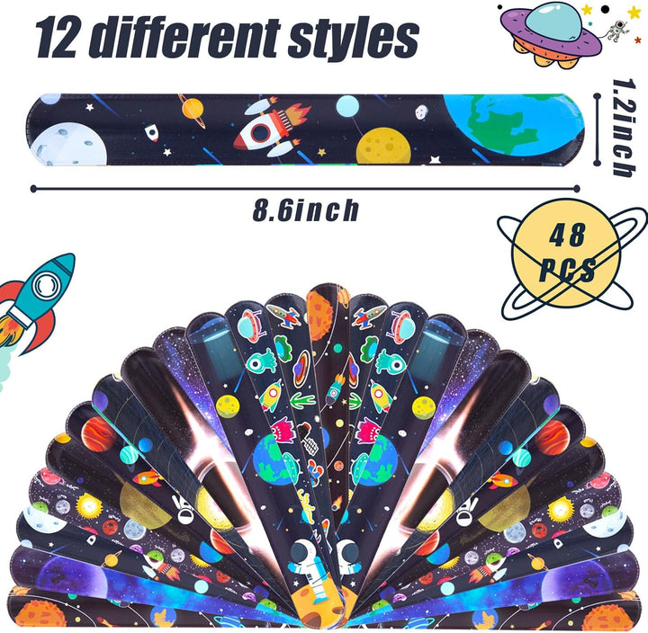 Slap Bracelets, 48PCS Kids Slap Wristbands with UFO Astronaut Space Stars Pattern Snap Bracelets for Party Favor New Year Gifts School Classroom Prize Exchange