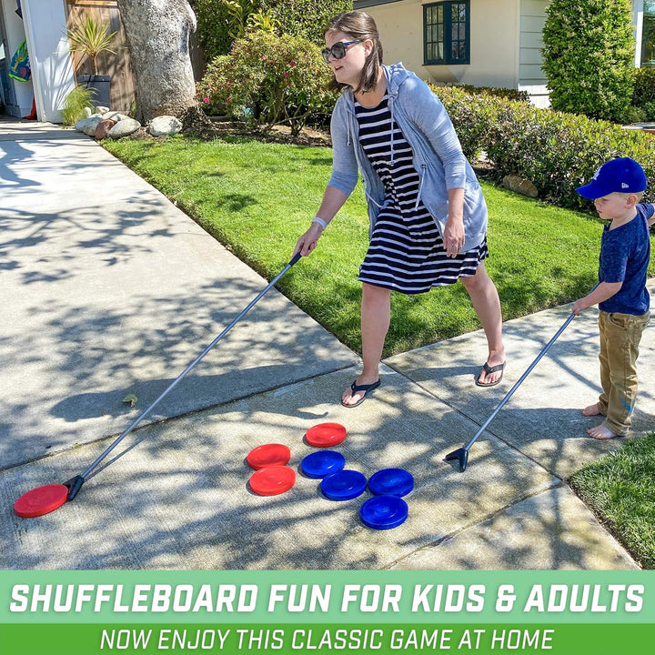 Driveway Shuffleboard Game Set - Includes 2 Shuffleboard Cue Sticks, 8 Pucks, 2 Pieces of Chalk