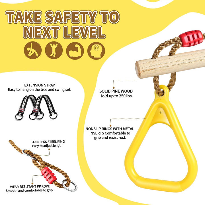 Wooden Trapeze Swing Bar, Adjustable Height Swing Set, Gym Rings, Playground Attachments, 16.5" Monkey Bar for Backyard, Playground, Playroom