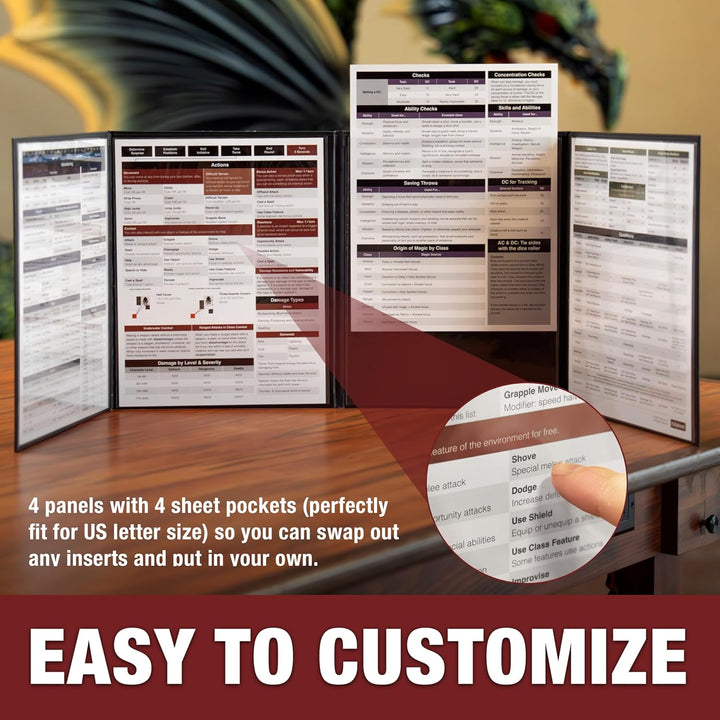 4-Panel DM Screen | Customizable DND Dungeon Master Guide with Inserts for Dungeon Masters | D&D Starter Set | DND Starter Kit D&D Accessories | DND Gifts | DND Dm Supplies