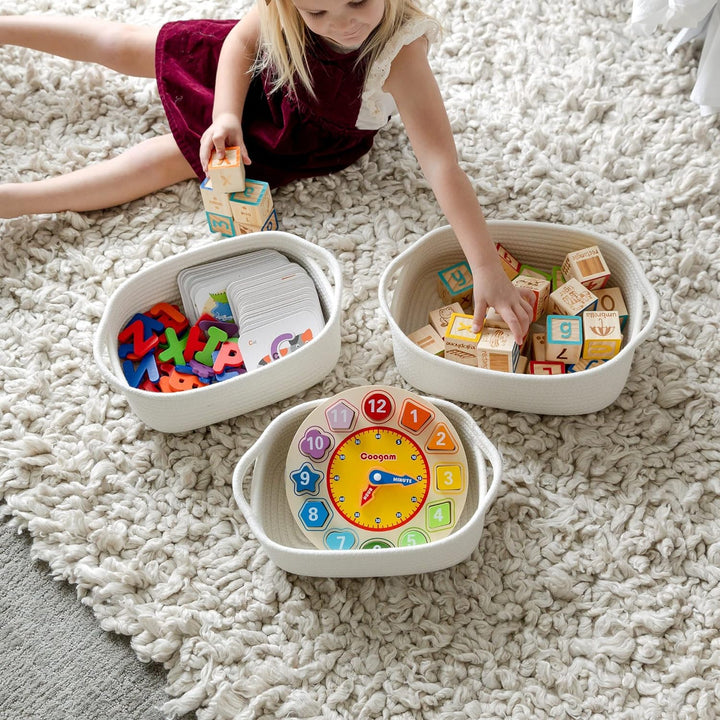5-Piece Rectangle Storage Basket Set- Natural Cotton Rope Woven for Organizing! Small Basket for Montessori, Baby Nursery, Dog Toy Baskets, Cat Toy Box, Bathroom Organization Bin