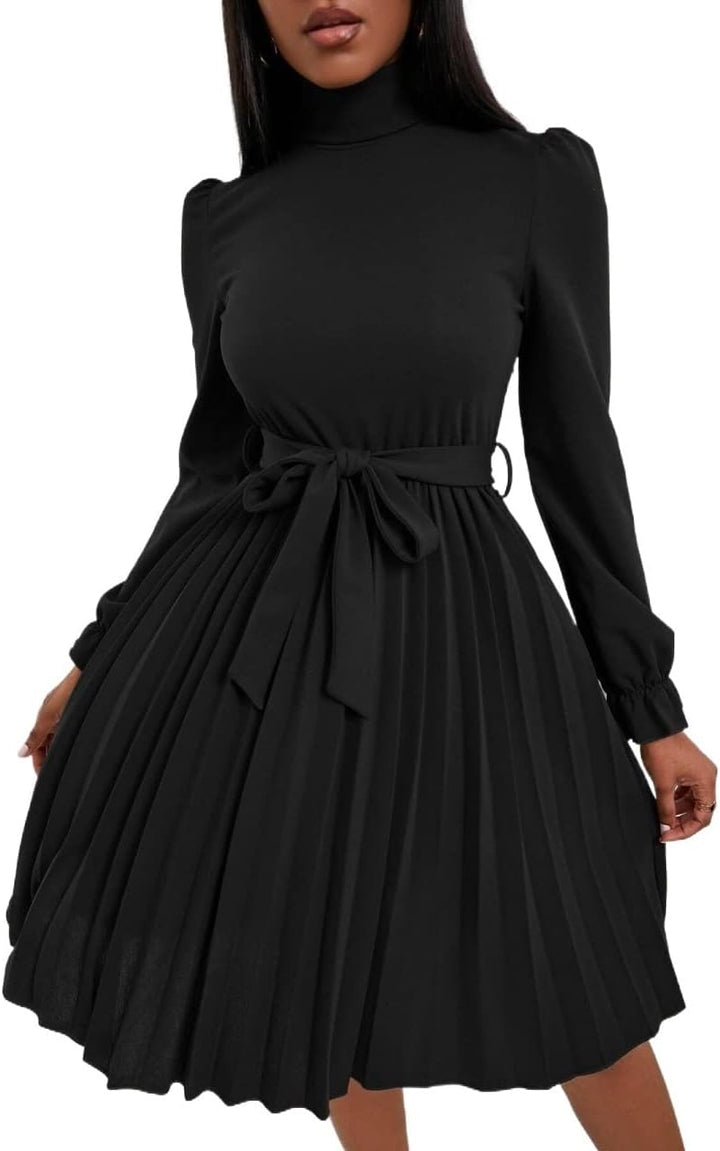 ROLVK Women'S Casual Dresses Turtleneck Flounce Sleeve Pleated Hem Belted Dress Charming Mystery Special Beautiful