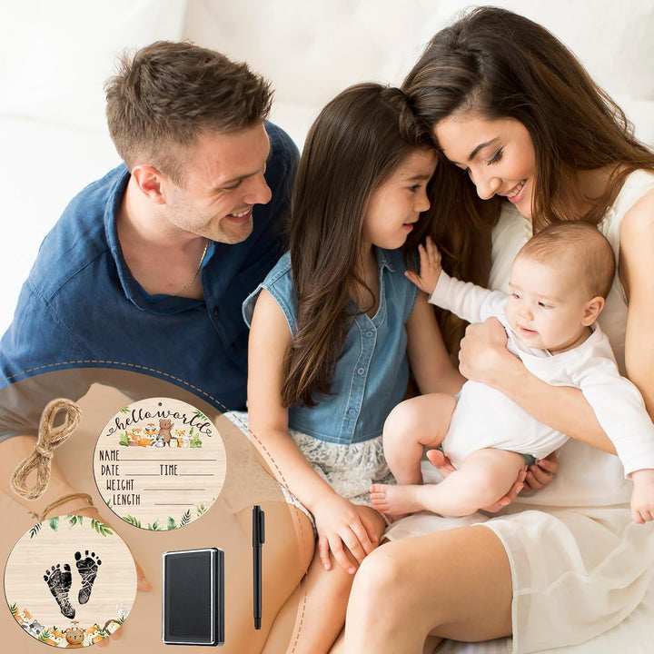 Baby Announcement Wooden Name Sign for Hospital Birth Double Sided Newborn Welcome Sign with Marker Pen and Ink Pad for Baby Shower Hand Footprints(Jungle)