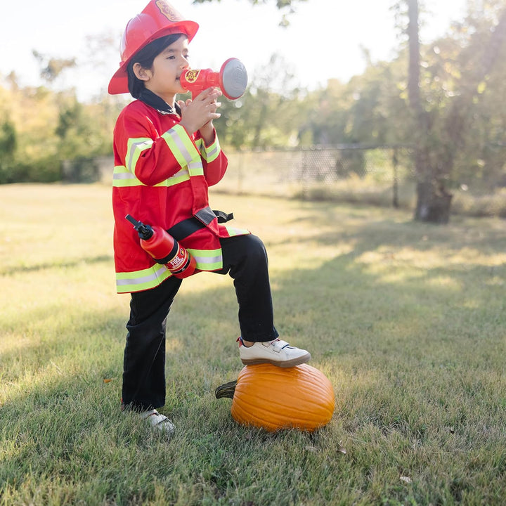 Fire Chief Role Play Costume Dress-Up Set Pretend Fire Fighter Outfit with Realistic Accessories, Firefighter Costume for Kids and Toddlers Ages 3+