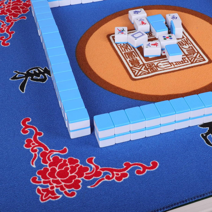 Mahjong Mat with 3 Dice & Carrying Bag, anti Slip and Noise Reduction Mahjong Table Mat for Poker, Card, Board & Tile Games (Blue, 31.5 Inches)