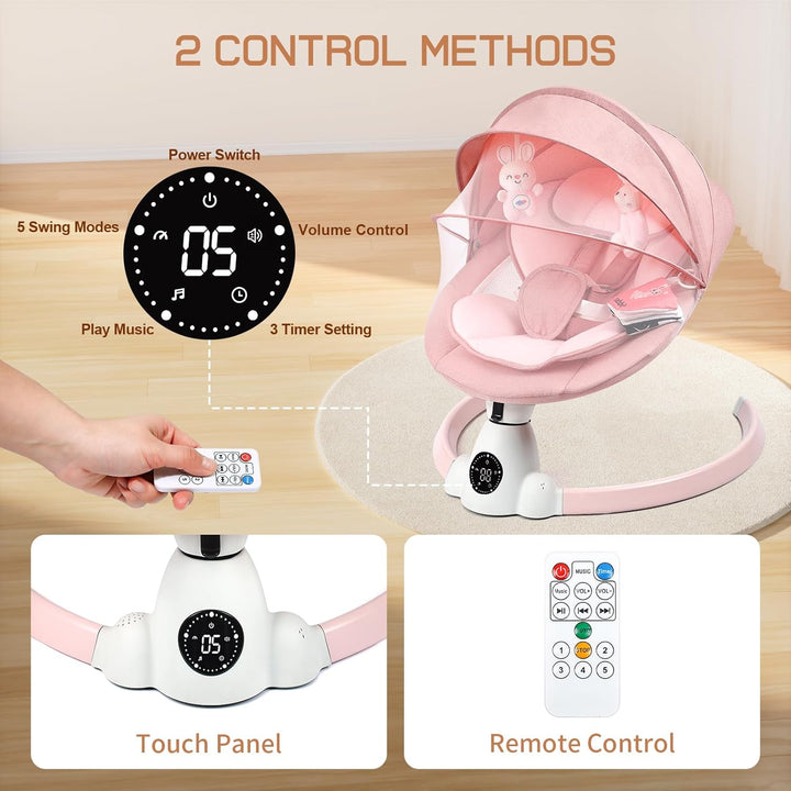 Baby Swing for Infants, Portable Electric Baby Swings with Bluetooth, 5 Swing Speed, 10 Lullabies, 5-Point Harness, Remote Control & Touch Panel - Infant Swing for Indoor & Outdoor Use, Pink