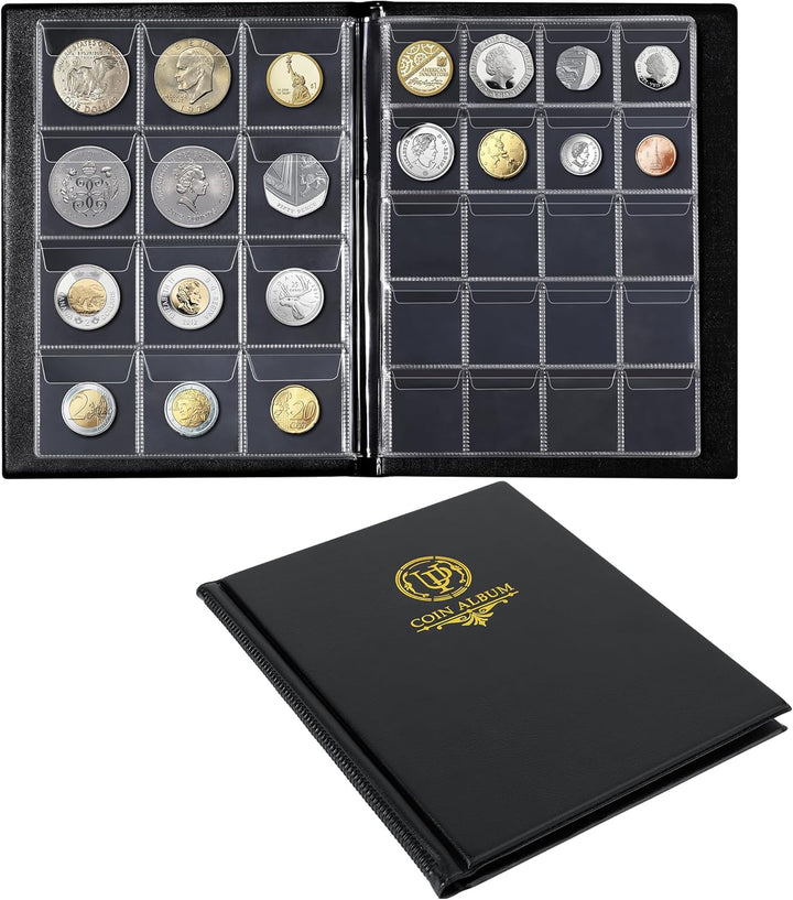 200 Pockets Coin Album - Coin Collecting Book with 10 Pages, 33X33 Mm Grid Holder for Pounds Pence Cents Dollars Nickel (Black) CS48200BK