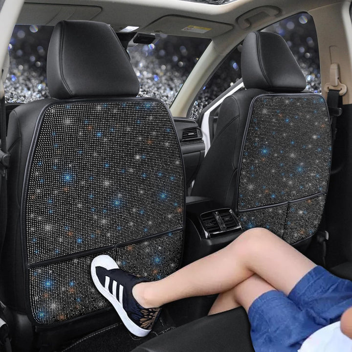 Bling Crystal Car Seat Back Kick Protectors with Storage, Sparkly Diamond Kick Mats, Universal Seat Protector for SUV and Automotive Crystal Auto Accessories for Women White 2Pcs