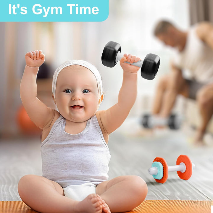 Baby First Gym Rattle Set, Infant Dumbbell Weights Teething Rattles 3-6-12 Month, Newborn Workout Sensory Stroller Toy, Babies Birthday Shower Gift 5 7 8 9 10 Month Toddler Boy Girl-4Pcs