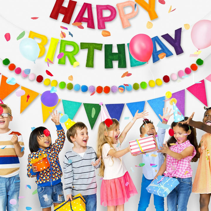 Rainbow 3D Happy Birthday Banner, Felt Garland, Triangle Pennants, Reusable Party Decorations