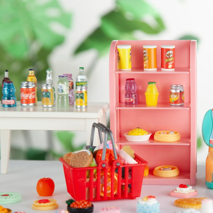 164Pcs Mini Shopping Cart Basket Miniature Food Drink Toy Supermarket Metal Handcart Trolley Dollhouse Store Grocery Accessories Kitchen Play Game Party Model Shelves Cash Register Refrigerator Fridge
