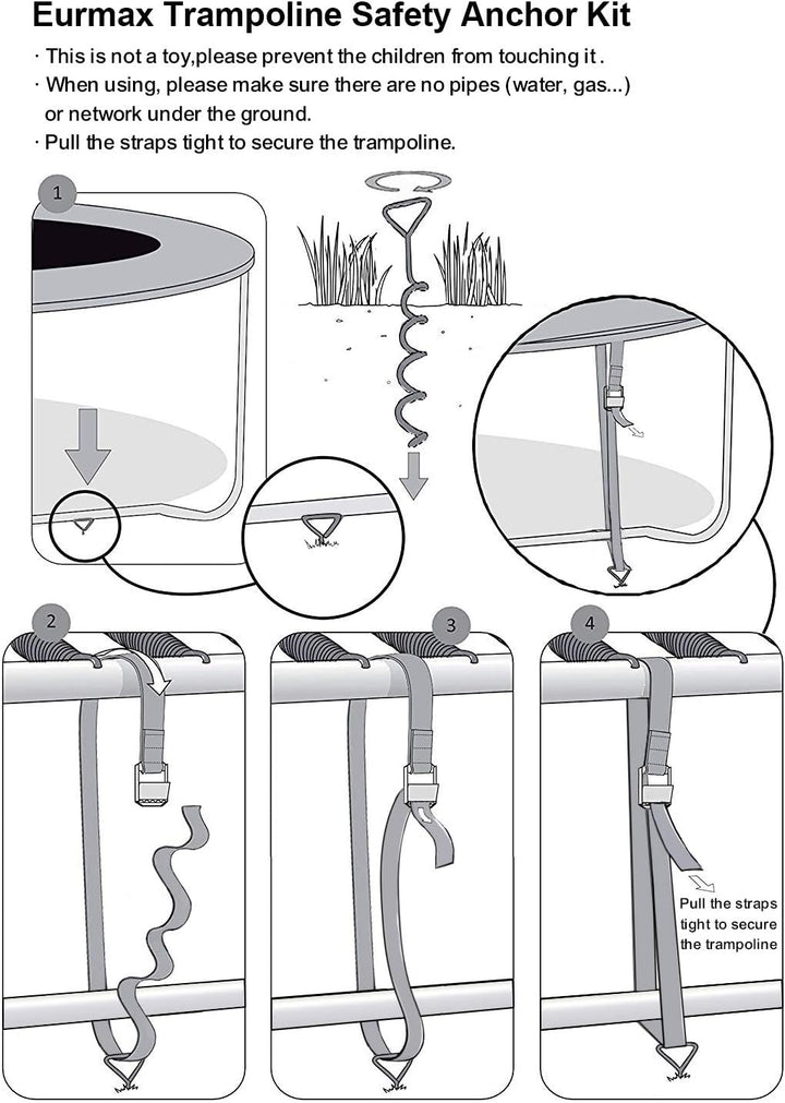 USA Trampoline Stakes Heavy Duty Trampoline Parts Corkscrew Shape Steel Stakes Anchor Kit with T Hook for Trampolines -Set of 4 Bonus 4 Strong Belt,Black