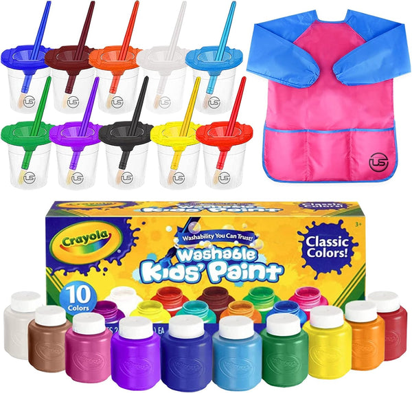 Kids Painting Set, Washable Paint for Kids with Paint Cups, Toddler Paintbrushes, Waterproof Kid Smock, Non Toxic Washable Finger Paints 2 Oz Each, Toddler Painting Supplies