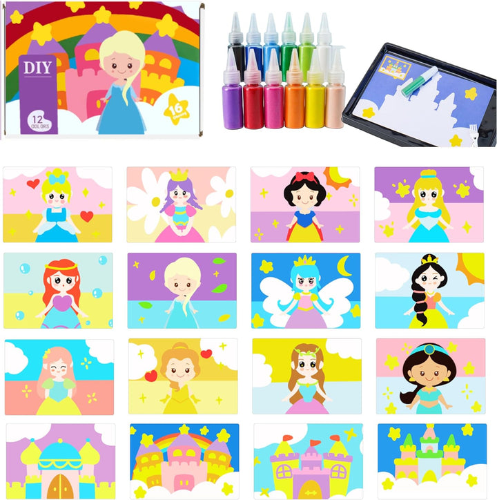 Sand Art Kits for Kids,16 Arts and Crafts Designs,Sheet Sand Art Painting Cards,Princess and Castle Theme,Reusable Sand Tray 12 Color Sands & Tools,Stocking Stuffers for Kids