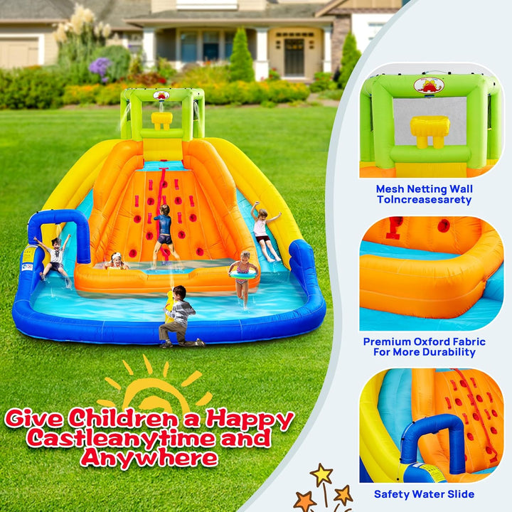 Inflatable Water Slide, Bounce House with Water Bucket, Deep Pool, Climbing Wall with Rope, Bouncy Castle with Air Blower