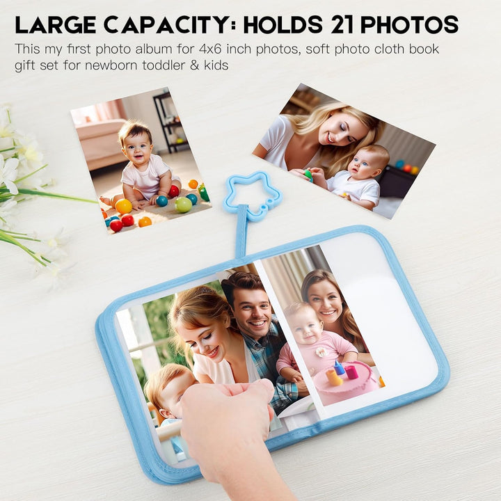 Baby'S My First Photo Album for Baby Holds 21 4X6 Photos, Baby Photo Album Soft Cloth Family Book, My First Family Album for 4X6 Baby Shower Kids Toddlers Family Pictures, Toddler Photo Album (Blue)