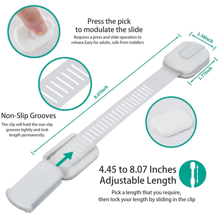 6 Pack  Multi-Use Adhesive Straps Locks - Childproofing Baby Proofing Cabinet Latches for Drawers, Fridge, Dishwasher, Toilet Seat, Cupboard, Oven,Trash Can, No Drilling (White) (6)