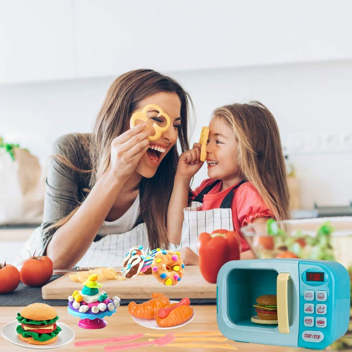 Microwave Toys Kitchen Play Set with Light Sound,Kids Pretend Play Electronic Oven with Play Food and 6 Color DIY Play-Dough for Children Ages 3+ Years (Blue)
