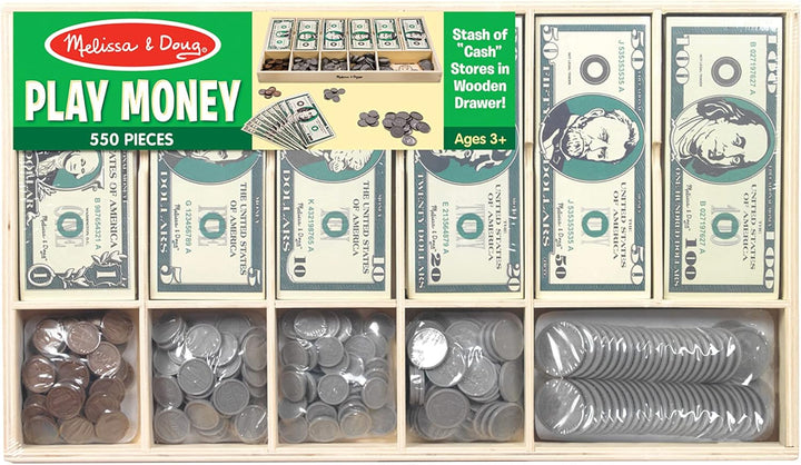 Play Money Set - Educational Toy with Paper Bills and Plastic Coins (50 of Each Denomination) and Wooden Cash Drawer for Storage