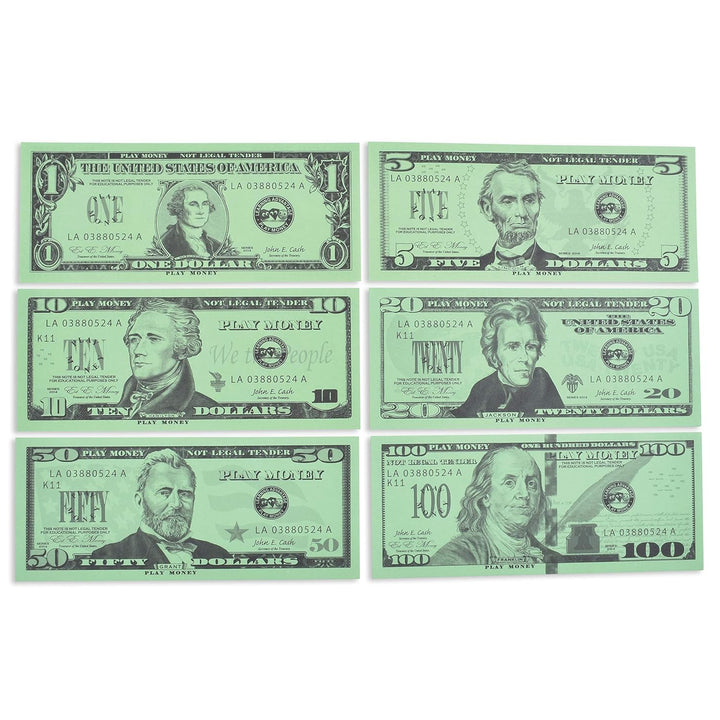 One Dollar Play Bills - Set of 100 $1 Paper Bills - Designed and Sized like Real US Currency - Teach Currency, Counting and Math with Play Money