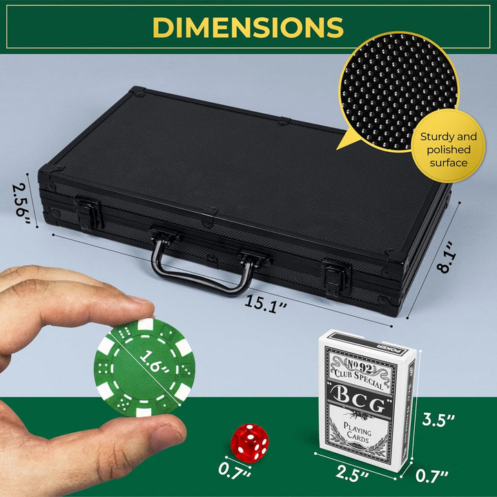 Poker Set with 300 Poker Chips 11.5 Gram for Texas Holdem – Professional Weight Poker Chips Set with 2 Decks Cards, Big Small Dealer Buttons, and Dices – Premium Poker in Aluminum Case