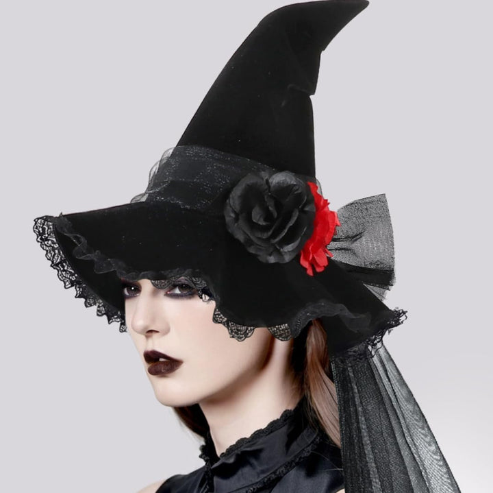 Gothic Witch Hat with Lace Trim, Black Velvet, Red Rose, Halloween Costume Accessory