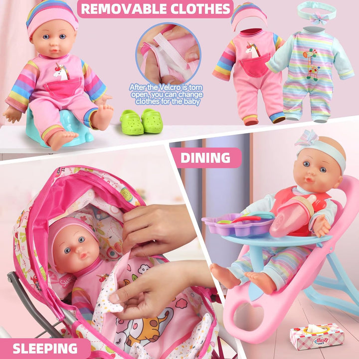 Baby Doll Stroller Toys Set with 12.5" Baby Doll,Dining Chair,Quilt Pillow,24 PCS Doll Accessories and 2 Sets Doll Clothes,Baby Stroller Toys for Girls Toddlers 3-5 4-6 5-7 Gifts for Pretend Play