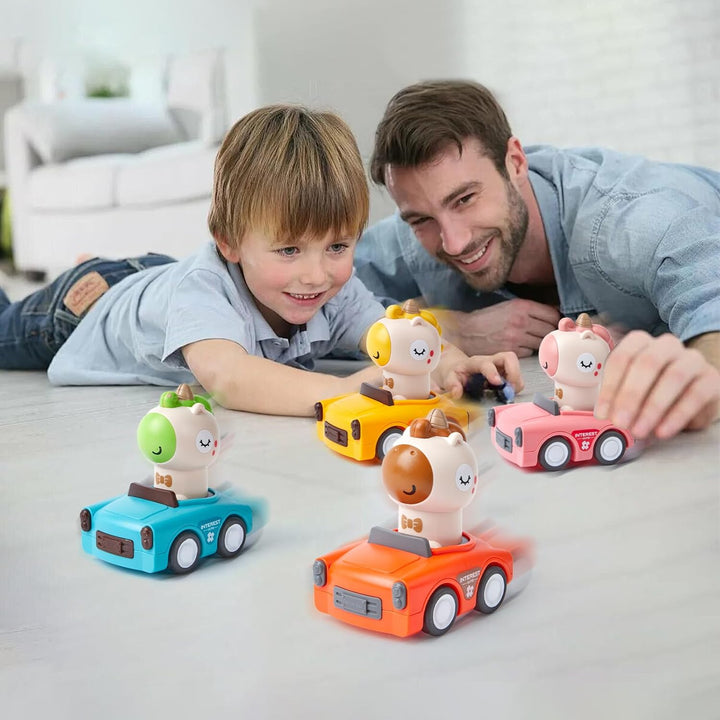 Wind up Press Cars, Four Unicorn Play Figure Racing Cars Set for Toddlers Baby Boys Girls,Animal Vehicle Toys, Press Then Go