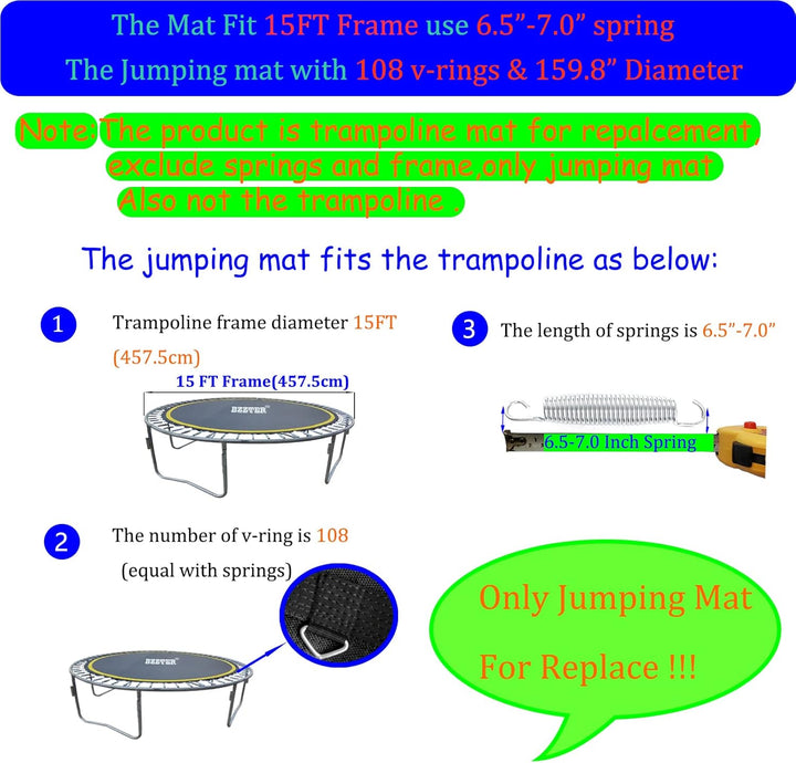 Trampoline Replacement Mat,Fits 15Ft round Frame with 90/96/100/108 Rings,Fits 5.3-8.5" Springs,Longer Lasting with 10 Rows of Stitches,W/Pull Hook and Gloves,（13Ft-13.4Ft Trampoline Mat