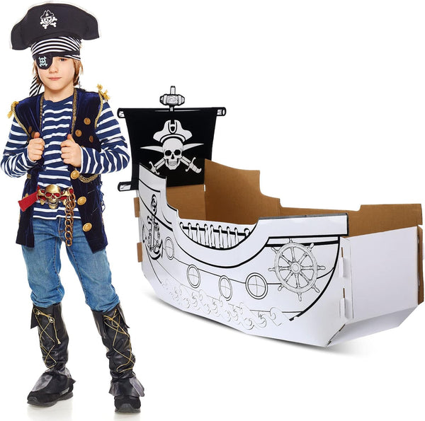 Coloring Pirate Ship Cardboard Boat Playhouse for Kids Crafts DIY Large Kids Outdoor Playhouse Toy for Boys Girls Toddlers to Color Pirate Halloween Party Decorations 35.4” X 14”