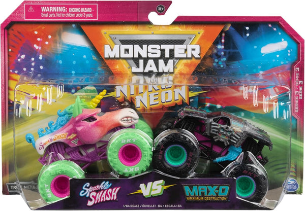 , Official Nitro Neon, Sparkle Smash Vs. Max-D, 1:64 Scale Die-Cast Monster Trucks, Kids Toys for Boys Ages 3 and Up