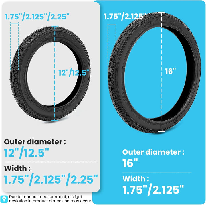 Rear 16×1.75/2.125 & Front 12×1.75/2.125/2.25 Tires and Inner Tube Fit for Bob Stroller Revolution Graco 3-Wheeler Gear Jogging Troller Models - Single and Double Stroller Tires Replacement
