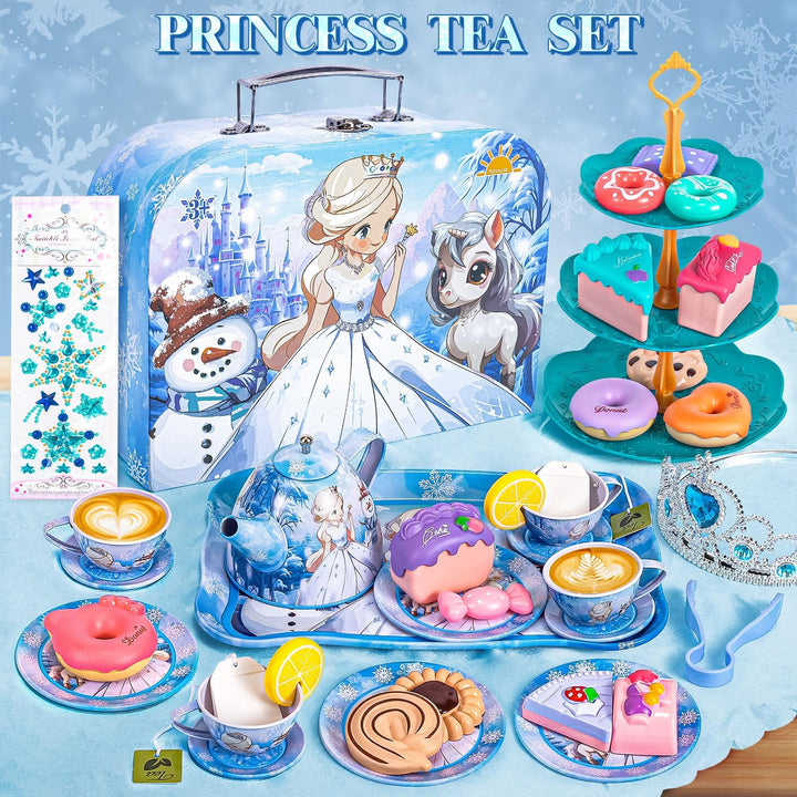 Frozen Tea Party Set for Little Girls, Princess Gift Toy, Kids Pretend Play Tin Tea Set with Teapot, Tea Cups, Food Playset & Carrying Case, Birthday for Girls Age 3+