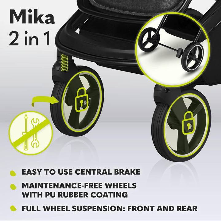 Mika 2-In-1 Combination Pushchair Baby Carrycot Pram Buggy Rain Cover Shoulder Strap for Transport, Mattress, Mosquito Net, Foot Cover, Waterproof Material, Rubber Wheels (Grey Graphite)