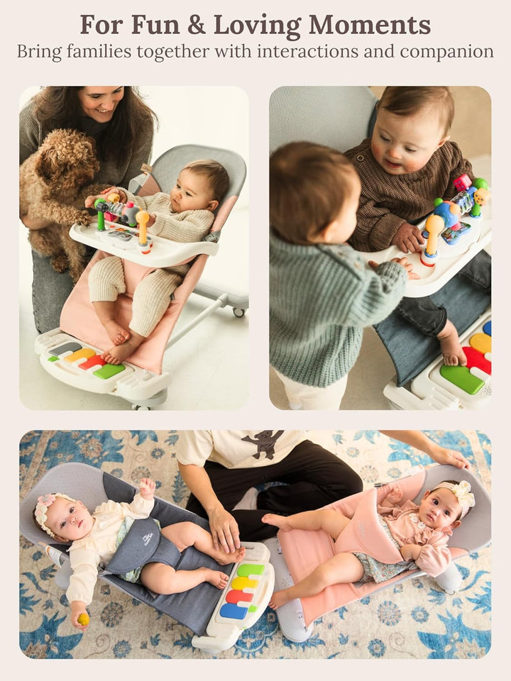 Cuddobaby Baby Bouncer 4-In-1 with Wheels, Detachable Piano, Feeding Tray, Play Bar, Thick Base. 3-Level Incline Portable Seat for Infant to Toddler 0-6, 0-12, 12-24 Months, Upto 29Lbs - Blue