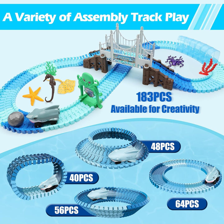 Track Toys 183 Pcs Shark Race Car Toys for Boys Girls 3 4 5 6 7 9 Year, Bendable Flexible Racetrack Cars with Shark & Ball, Ocean Theme Train Toys, STEM Educational Playset Birthday Gift