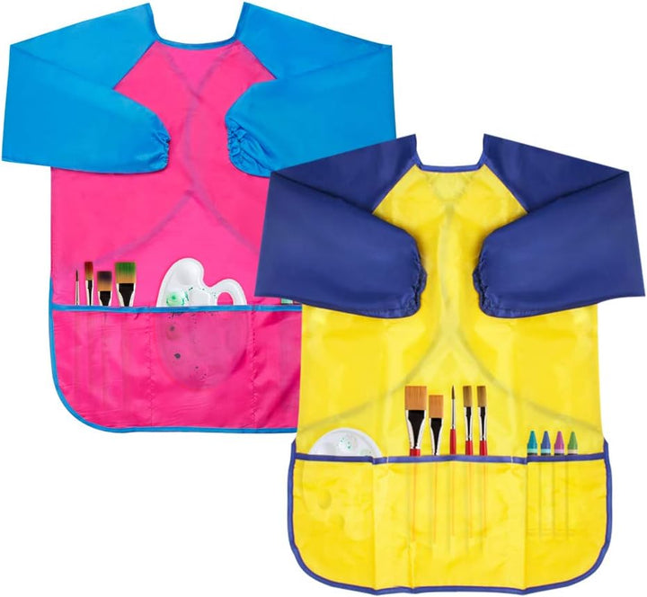 Kids Art Smocks 2 Pack Dinosaur Painting Apron for Children Waterproof Artist Smock with Long Sleeve and 3 Pockets for Age 3-8 Years