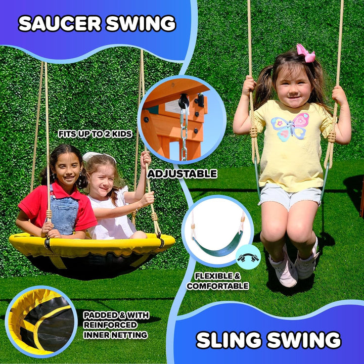 Amelia Heavy Duty Wooden A-Frame Swing Set: Saucer + Adjustable Swing, 6Ft Blow Molded Slide, Play Fort/Rock Climb Wall + Sandbox, EXCEEDS ASTM Safety Standards*Bonus Anchor Kit*