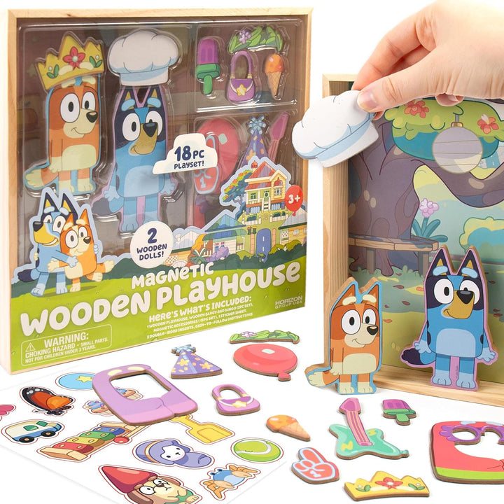 Bluey Magnetic Wooden Playhouse, 18 Piece Activity Set, Includes 2 Wooden Dolls House, Great Toys for Kids, Fun Birthday Party Activity, House Playset
