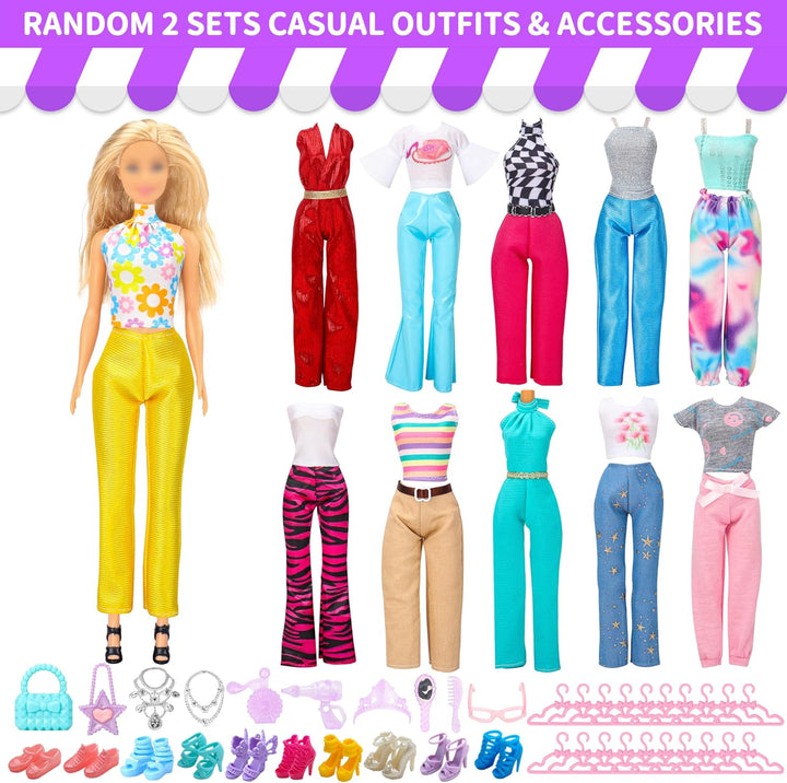 56 Pcs Doll Clothes and Accessories,2 Wedding Gowns 2 Evening Dresses 6 Fashion Dresses 4 Set Casual Outfit Top and Pant 2 Swimsuit,20 Hanger 10 Shoe 10 Accessories Toys for Girls Kid Gift